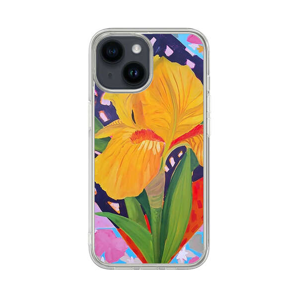 Yellow Iris Flower with Colorful Patchwork Background iPhone 14 Case