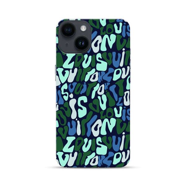Abstract Layered Text Pattern in Blue and Green iPhone 14 Hard Case