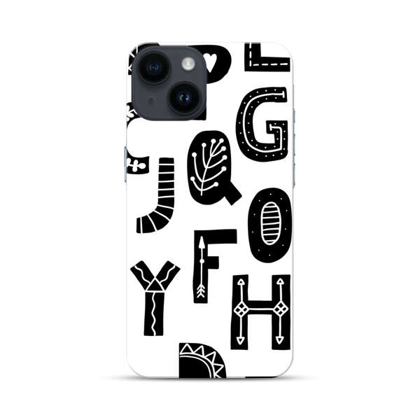 Black and White Hand-Drawn Alphabet Letters Pattern iPhone 14 Hard Case