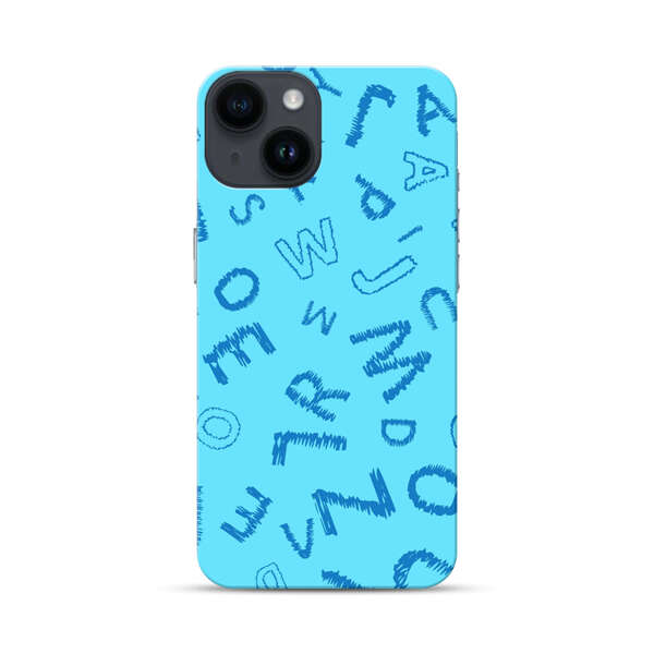Blue background with random sketched alphabet letters iPhone 14 Hard Case