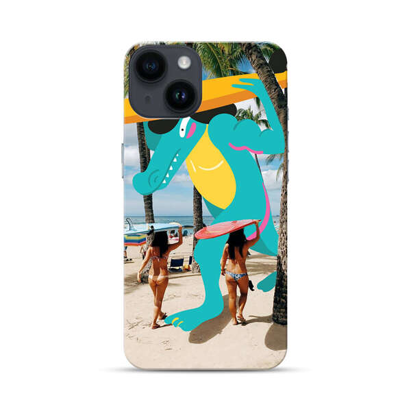 Cartoon Alligator Carrying Surfboards on Beach iPhone 14 Hard Case