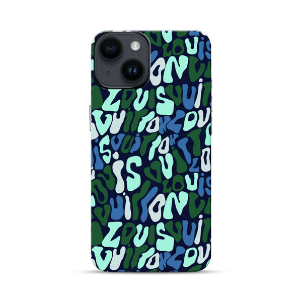 Abstract Layered Text Pattern in Blue and Green iPhone 14 Impact Case