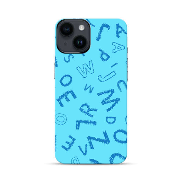 Blue background with random sketched alphabet letters iPhone 14 Impact Case