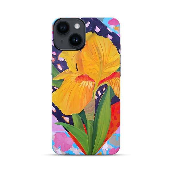 Yellow Iris Flower with Colorful Patchwork Background iPhone 14 Impact Case