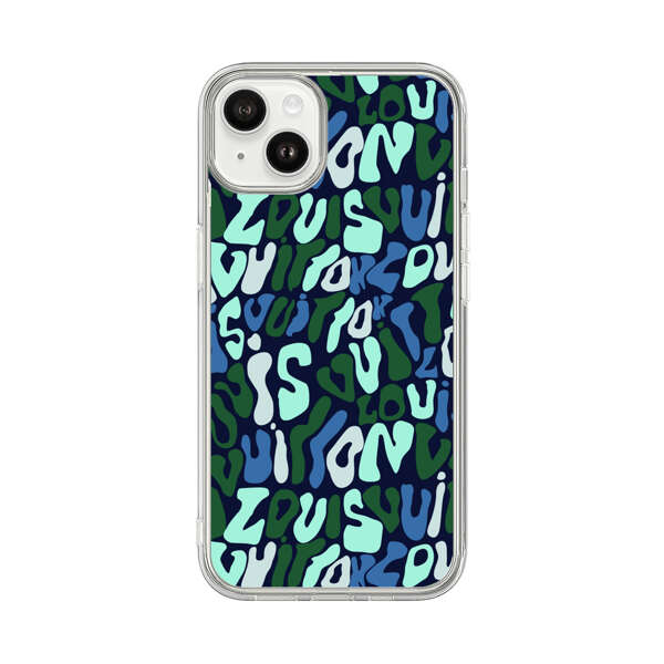 Abstract Layered Text Pattern in Blue and Green iPhone 14 Plus Case