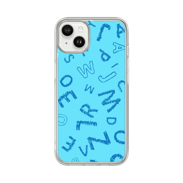 Blue background with random sketched alphabet letters iPhone 14 Plus Case