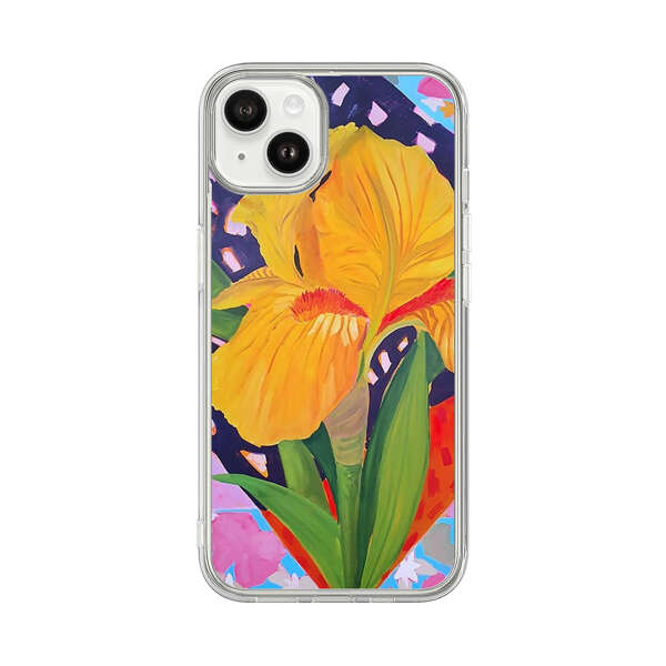 Yellow Iris Flower with Colorful Patchwork Background iPhone 14 Plus Case