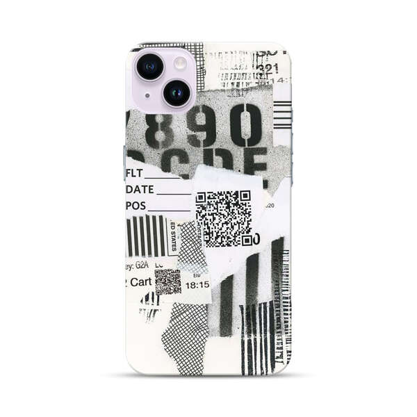 Abstract Collage Torn Paper Barcodes iPhone 14 Plus Hard Case