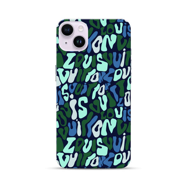Abstract Layered Text Pattern in Blue and Green iPhone 14 Plus Hard Case