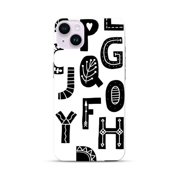 Black and White Hand-Drawn Alphabet Letters Pattern iPhone 14 Plus Hard Case