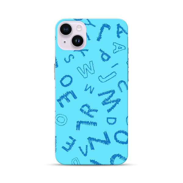 Blue background with random sketched alphabet letters iPhone 14 Plus Hard Case