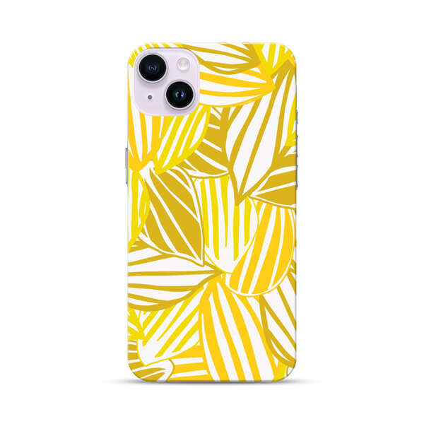 Bright Yellow Striped Tropical Leaves Pattern iPhone 14 Plus Hard Case