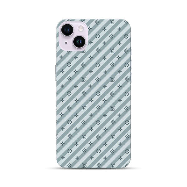 Stylish Blue Diagonal Striped Luxury Logo Pattern iPhone 14 Plus Hard Case