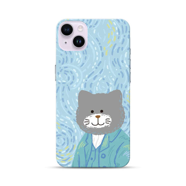 Whimsical Gray Cat with Starry Night Background iPhone 14 Plus Hard Case