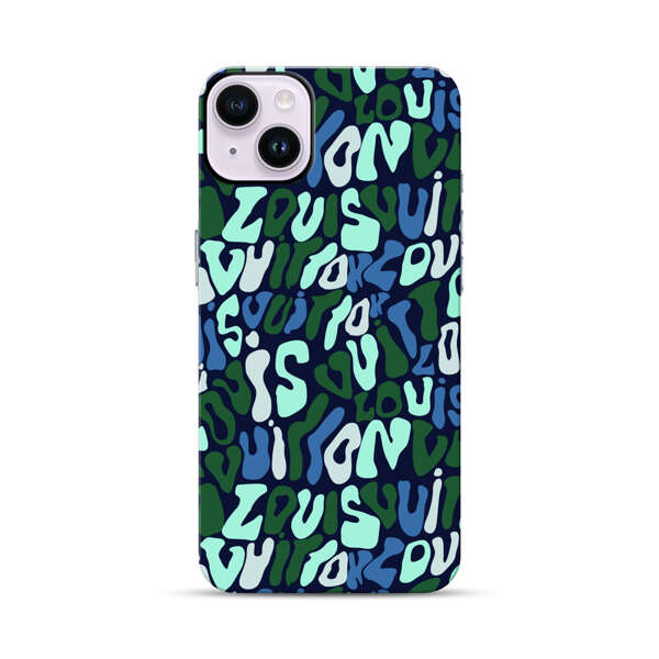 Abstract Layered Text Pattern in Blue and Green iPhone 14 Plus Impact Case