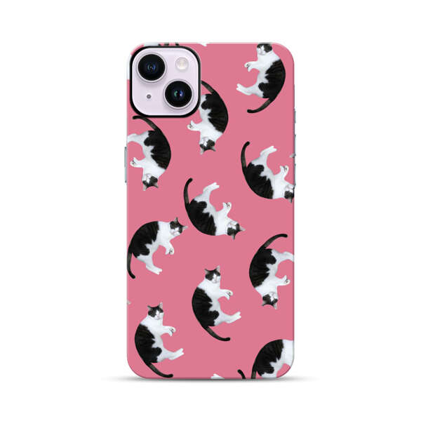 Black and White Cats Pattern on Pink Background iPhone 14 Plus Impact Case