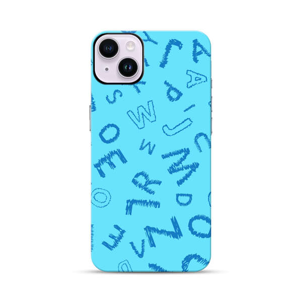 Blue background with random sketched alphabet letters iPhone 14 Plus Impact Case