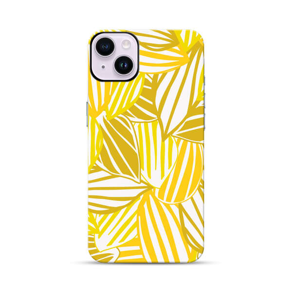 Bright Yellow Striped Tropical Leaves Pattern iPhone 14 Plus Impact Case