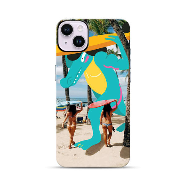 Cartoon Alligator Carrying Surfboards on Beach iPhone 14 Plus Impact Case