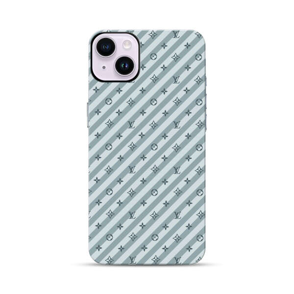 Stylish Blue Diagonal Striped Luxury Logo Pattern iPhone 14 Plus Impact Case