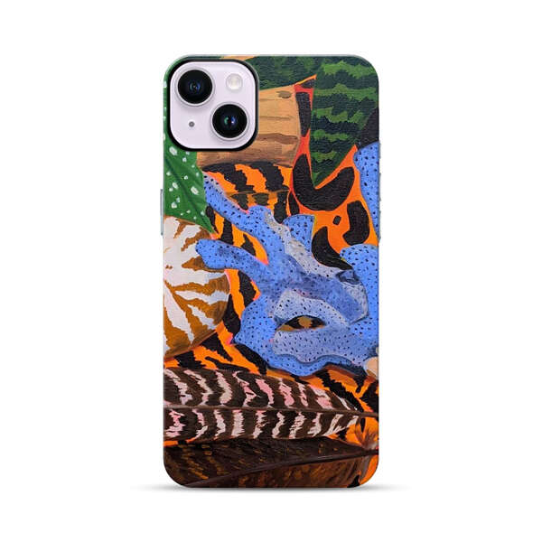 Tropical Coral Seashell Feathers on Tiger Pattern iPhone 14 Plus Impact Case