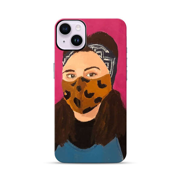Woman Leopard Print Face Mask iPhone 14 Plus Impact Case