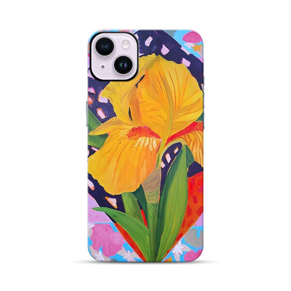 Yellow Iris Flower with Colorful Patchwork Background iPhone 14 Plus Impact Case