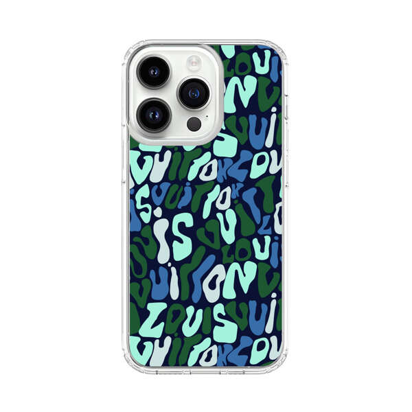 Abstract Layered Text Pattern in Blue and Green iPhone 14 Pro Case
