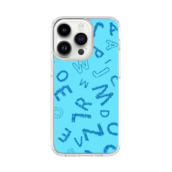 Blue background with random sketched alphabet letters iPhone 14 Pro Case