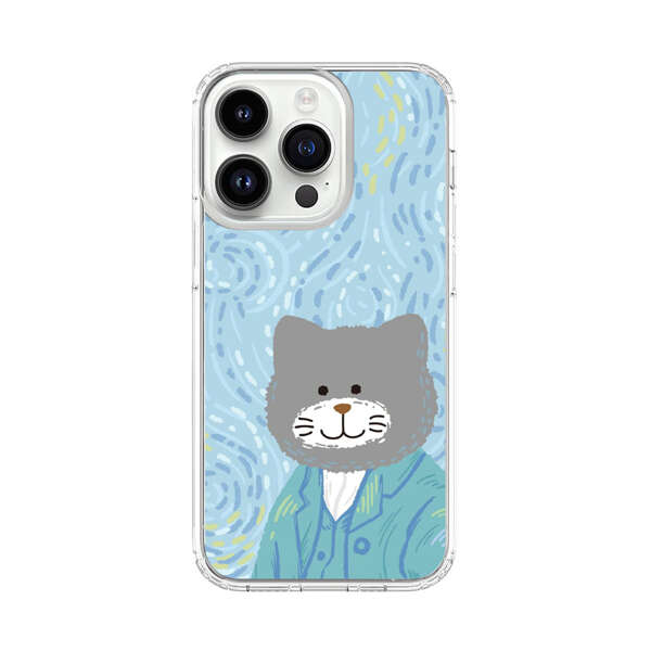 Whimsical Gray Cat with Starry Night Background iPhone 14 Pro Case