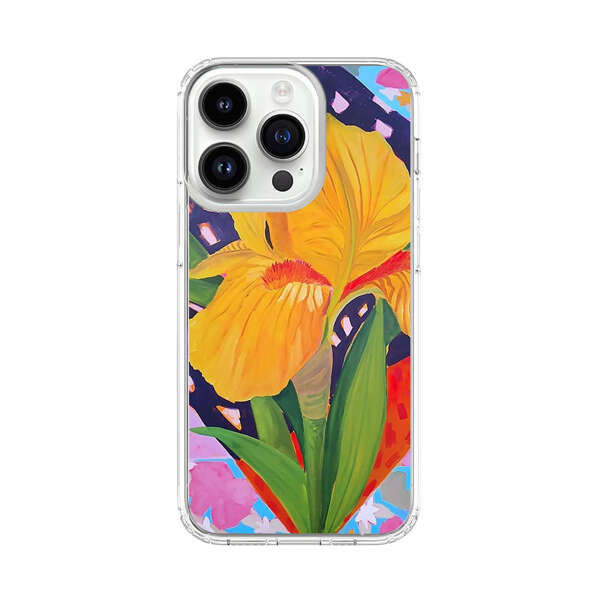 Yellow Iris Flower with Colorful Patchwork Background iPhone 14 Pro Case