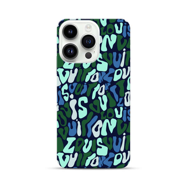 Abstract Layered Text Pattern in Blue and Green iPhone 14 Pro Hard Case