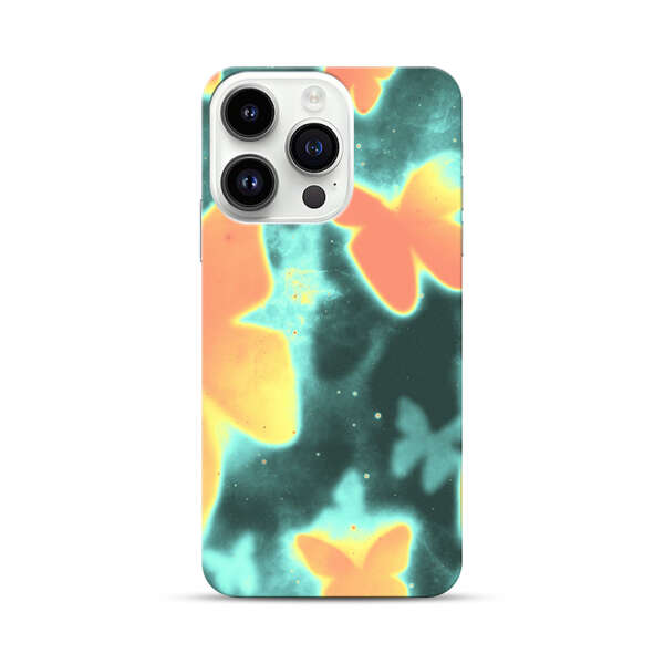 Bright Glowing Orange Butterflies Blue Background iPhone 14 Pro Hard Case
