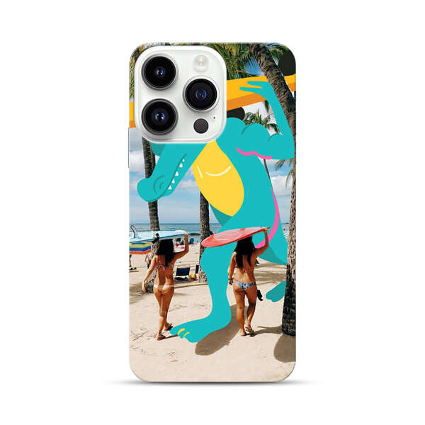 Cartoon Alligator Carrying Surfboards on Beach iPhone 14 Pro Hard Case