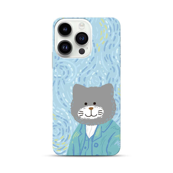 Whimsical Gray Cat with Starry Night Background iPhone 14 Pro Hard Case