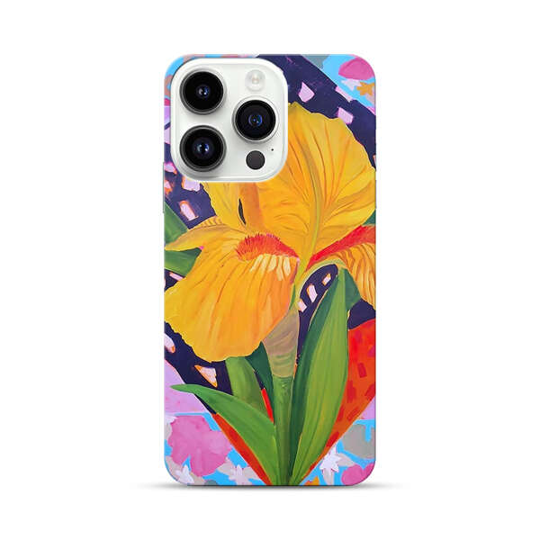 Yellow Iris Flower with Colorful Patchwork Background iPhone 14 Pro Hard Case