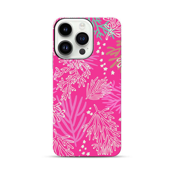 Bright Pink Tropical Leaf Pattern iPhone 14 Pro Impact Case