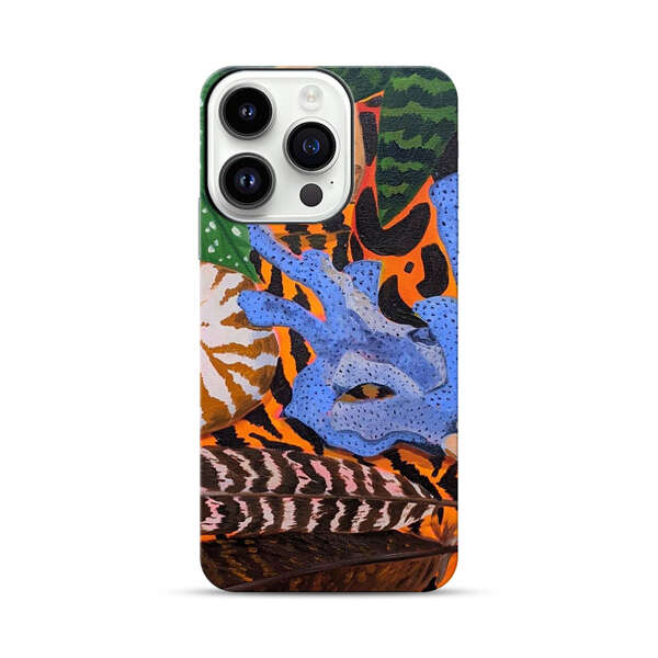 Tropical Coral Seashell Feathers on Tiger Pattern iPhone 14 Pro Impact Case
