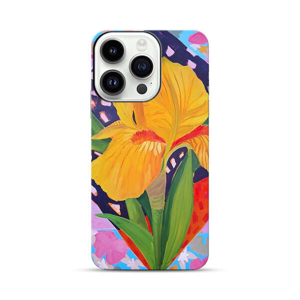 Yellow Iris Flower with Colorful Patchwork Background iPhone 14 Pro Impact Case