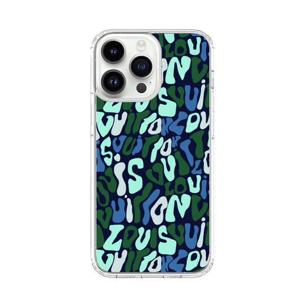Abstract Layered Text Pattern in Blue and Green iPhone 14 Pro Max Case