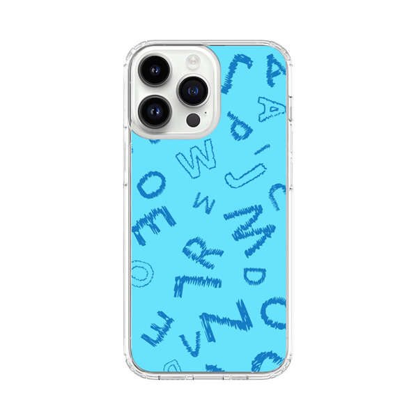 Blue background with random sketched alphabet letters iPhone 14 Pro Max Case