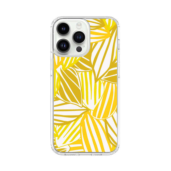 Bright Yellow Striped Tropical Leaves Pattern iPhone 14 Pro Max Case