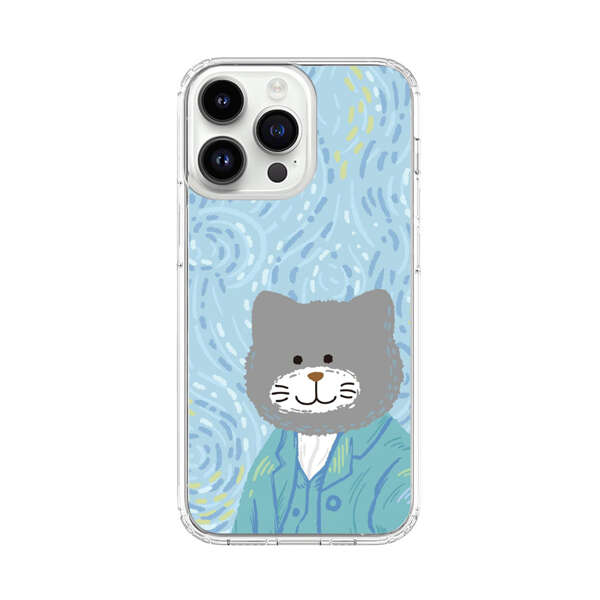 Whimsical Gray Cat with Starry Night Background iPhone 14 Pro Max Case