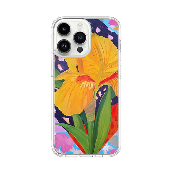 Yellow Iris Flower with Colorful Patchwork Background iPhone 14 Pro Max Case