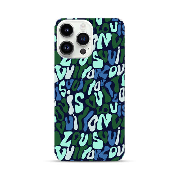 Abstract Layered Text Pattern in Blue and Green iPhone 14 Pro Max Hard Case