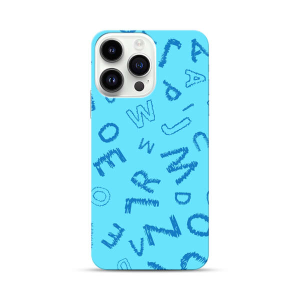 Blue background with random sketched alphabet letters iPhone 14 Pro Max Hard Case