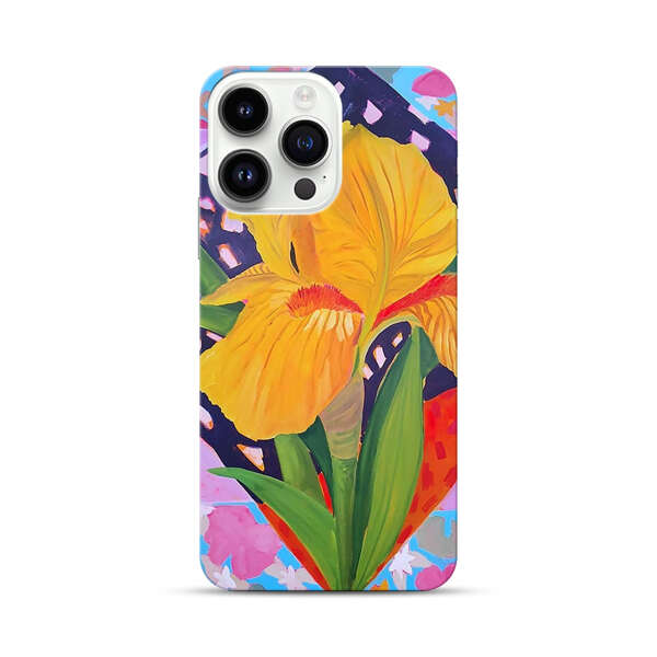 Yellow Iris Flower with Colorful Patchwork Background iPhone 14 Pro Max Hard Case