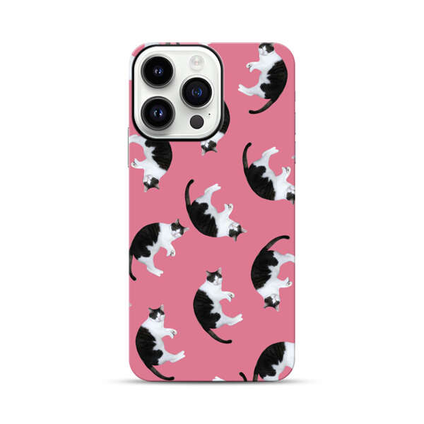 Black and White Cats Pattern on Pink Background iPhone 14 Pro Max Impact Case