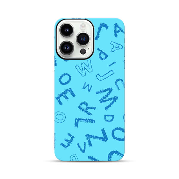 Blue background with random sketched alphabet letters iPhone 14 Pro Max Impact Case