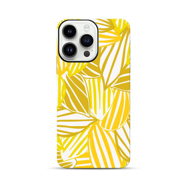 Bright Yellow Striped Tropical Leaves Pattern iPhone 14 Pro Max Impact Case